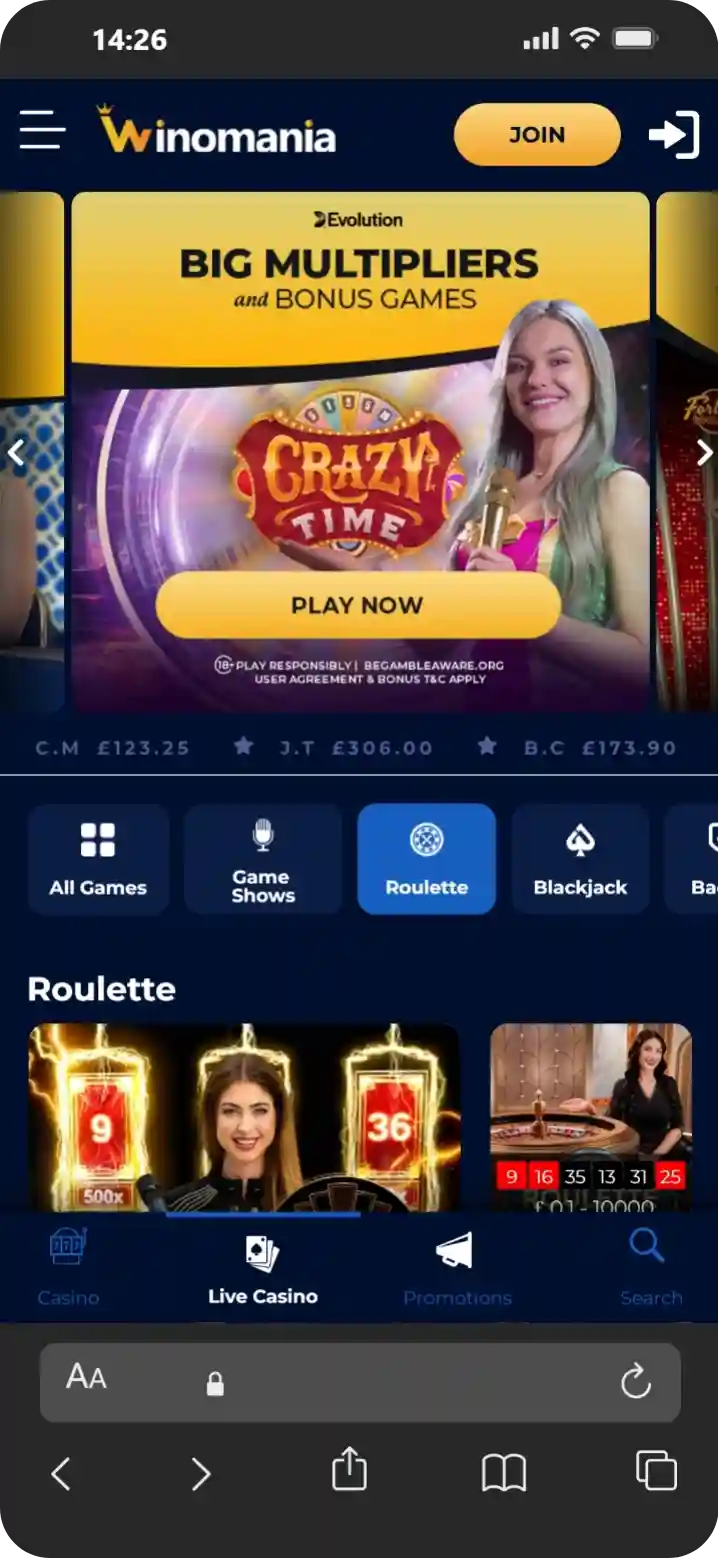 Winomania Casino live casino section