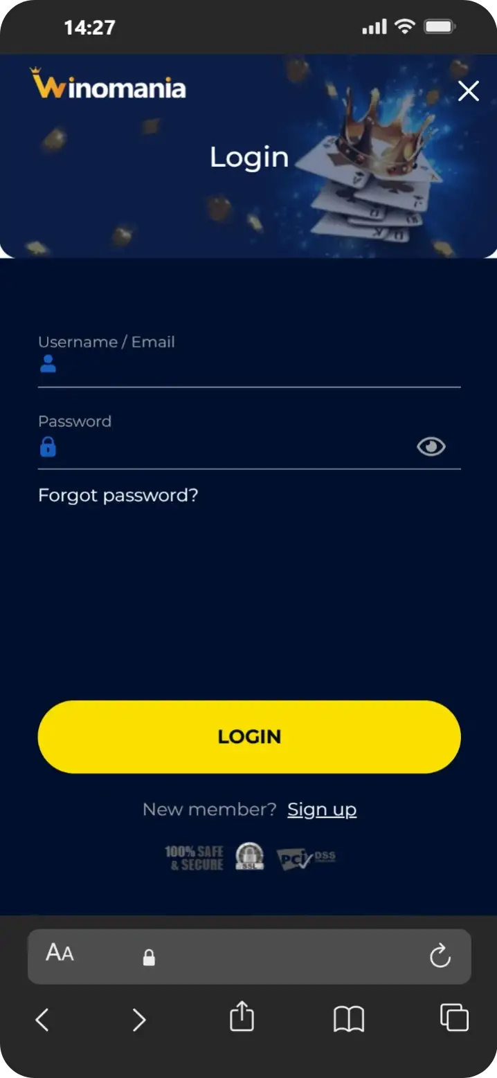 Winomania Casino log in page