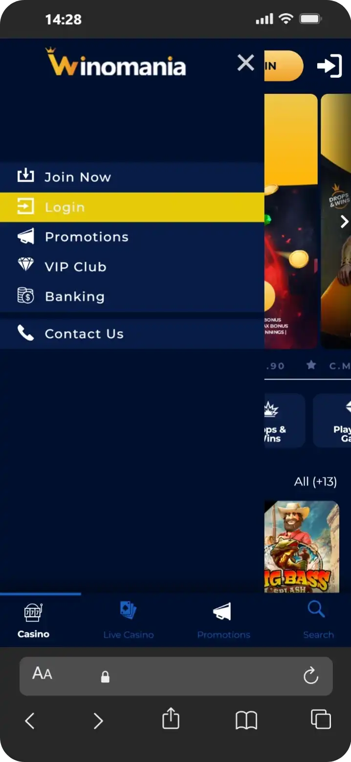 Winomania Casino navigation menu
